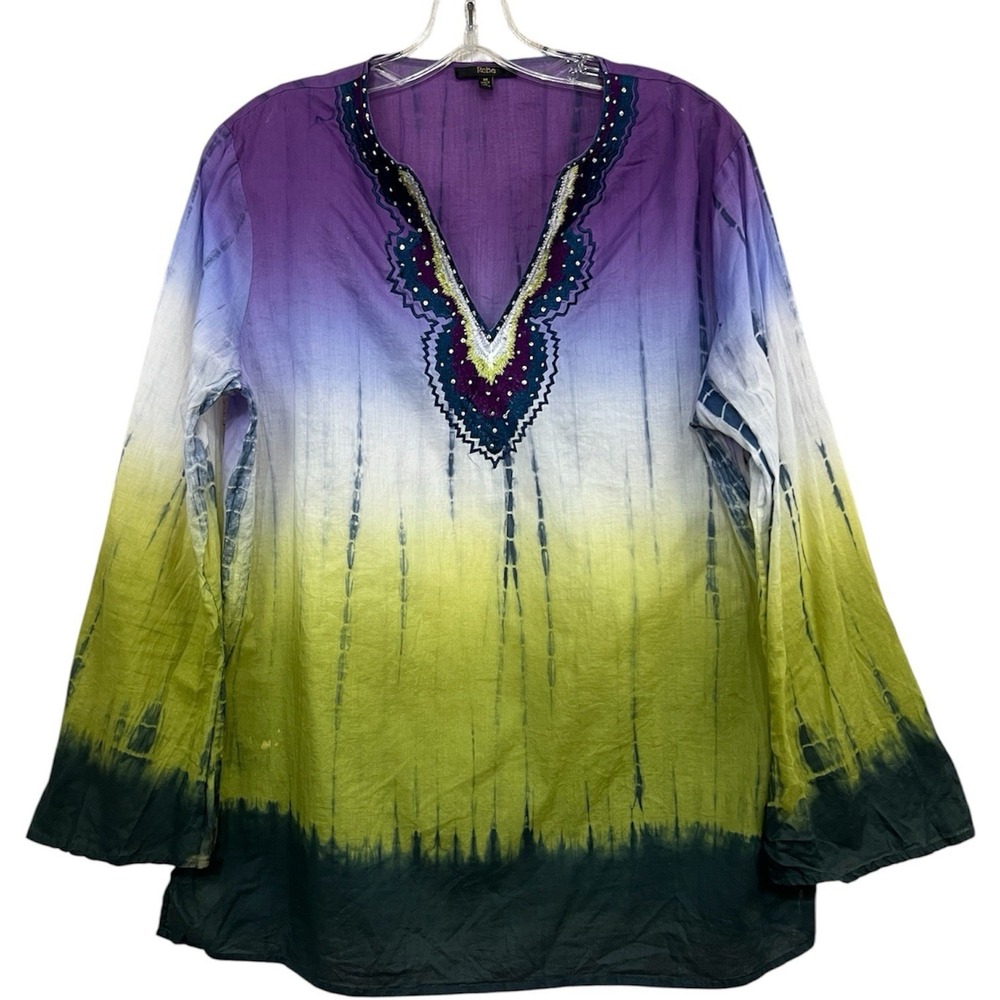 Reba Boho Tie Dye Tunic Top Beaded Embroidered Cotton Boho Hippie Festival Sz M
